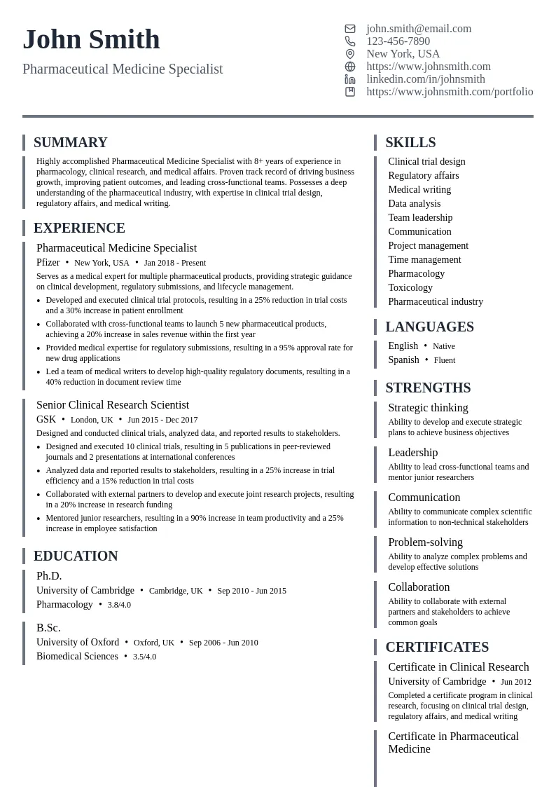 Pharmaceutical Medicine Specialist resume example