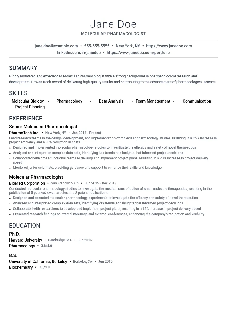 Molecular Pharmacologist resume example