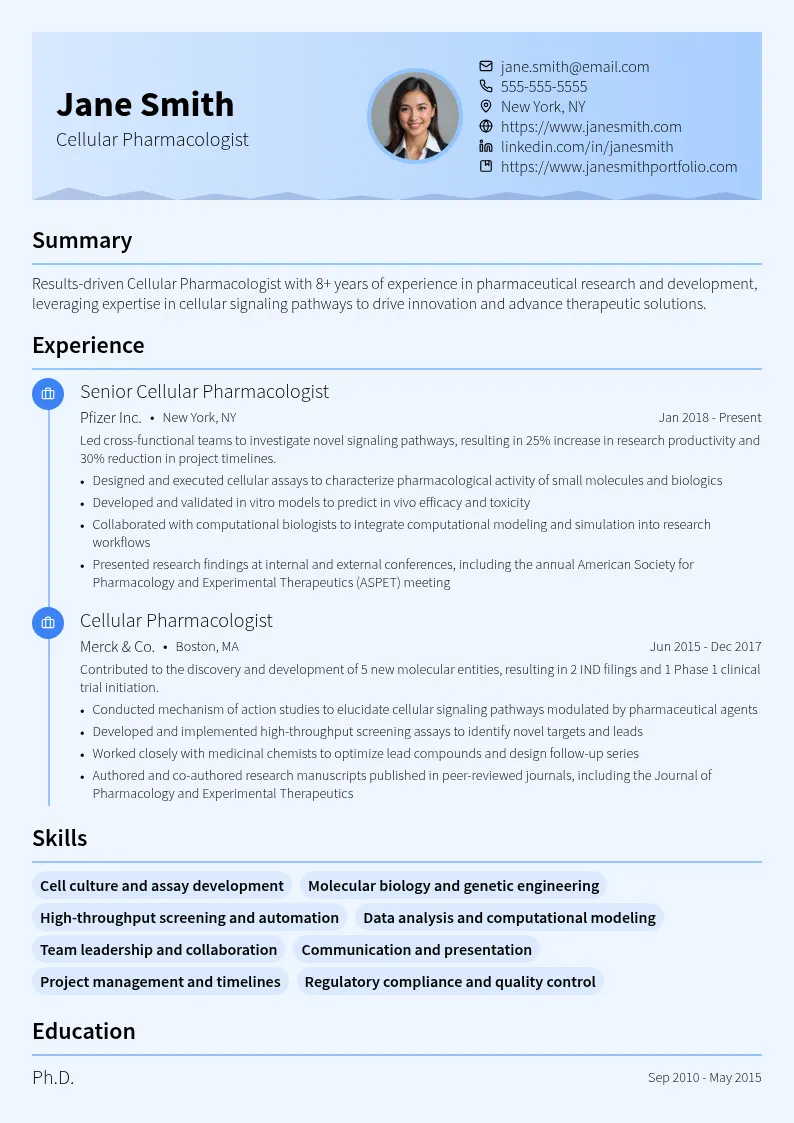 Cellular Pharmacologist resume example