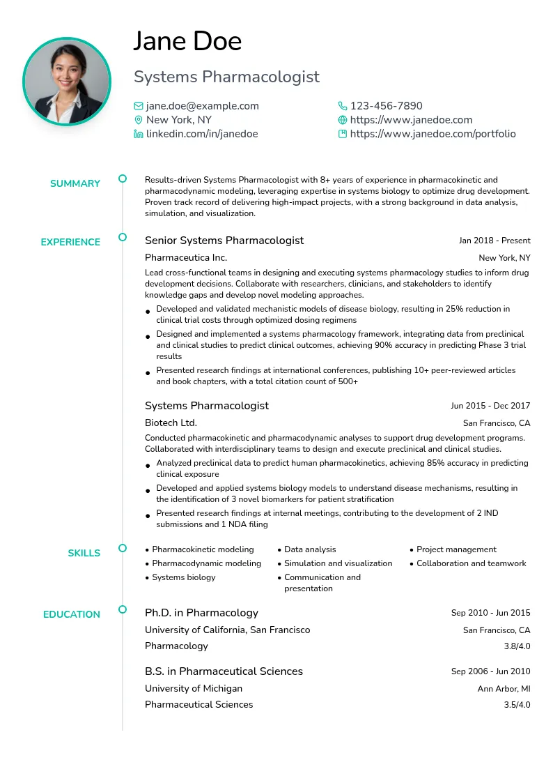 Systems Pharmacologist resume example