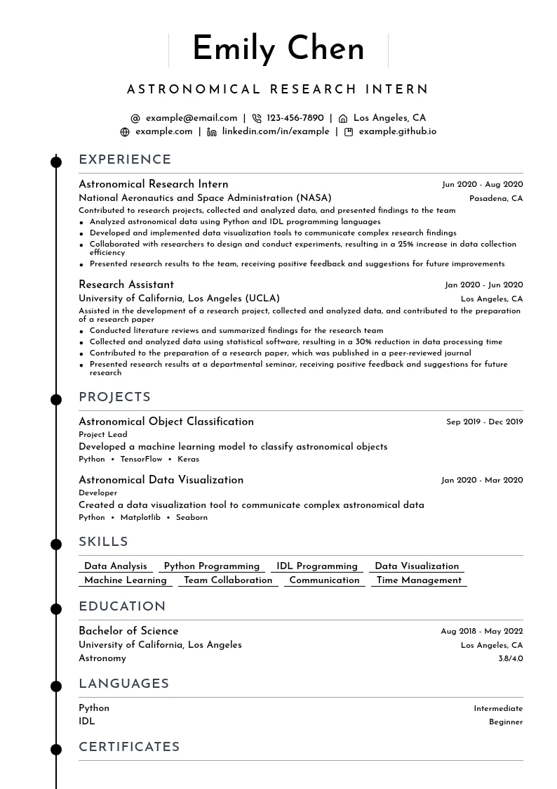 Astronomical Research Intern resume example