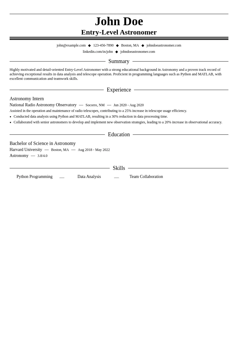 Entry-Level Astronomer resume example
