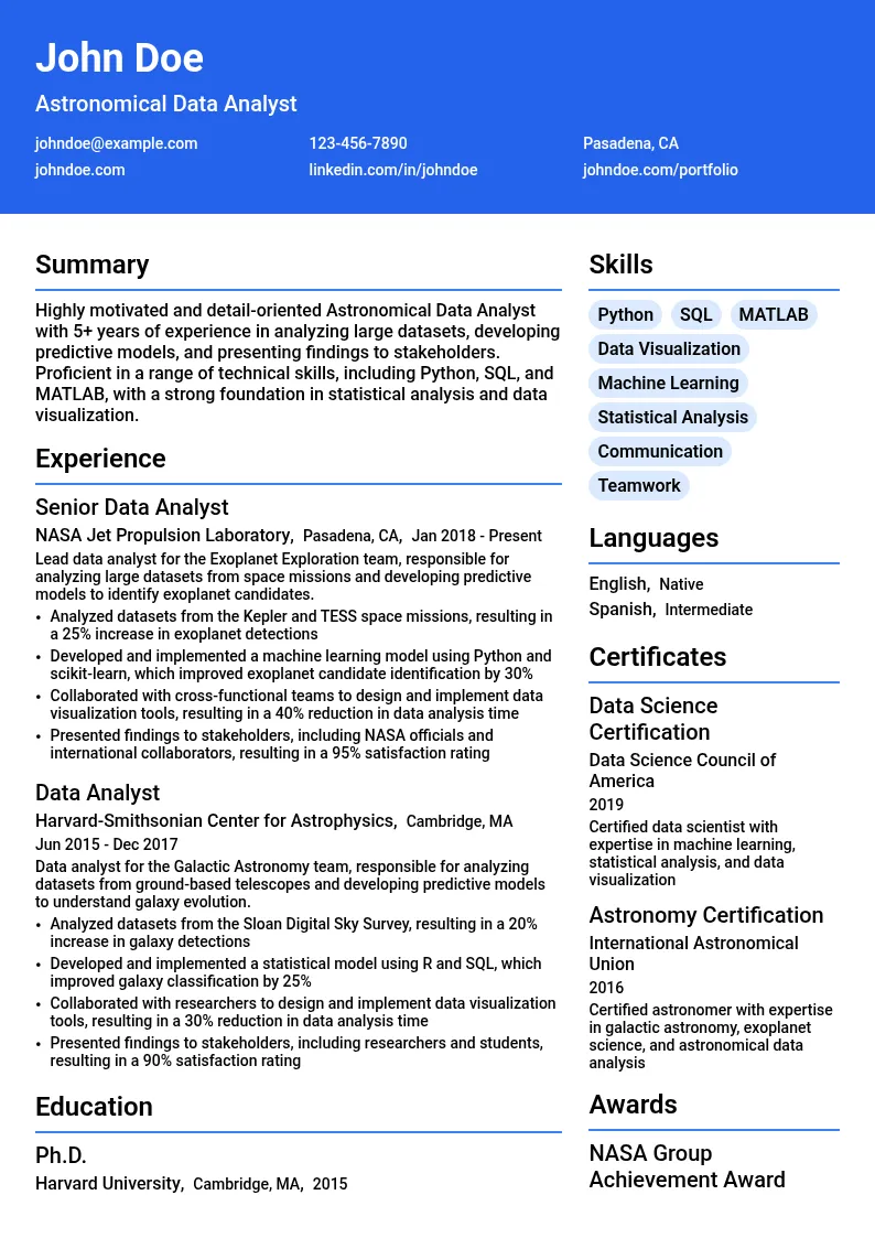 Astronomical Data Analyst resume example