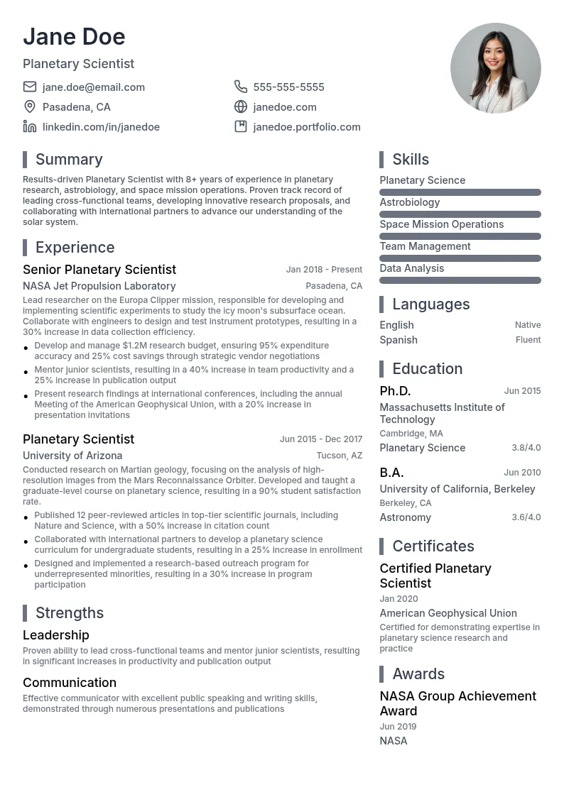 Planetary Scientist resume example