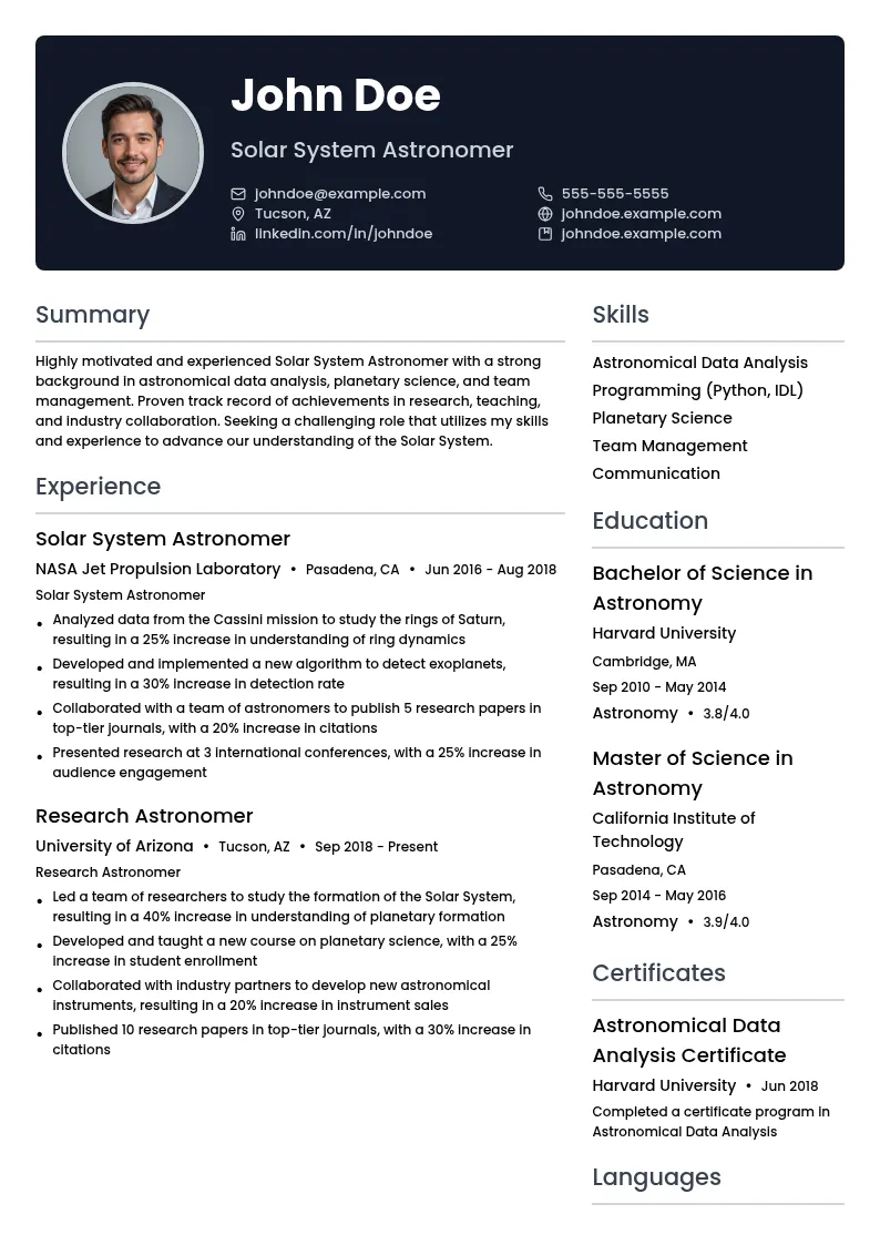 Solar System Astronomer resume example