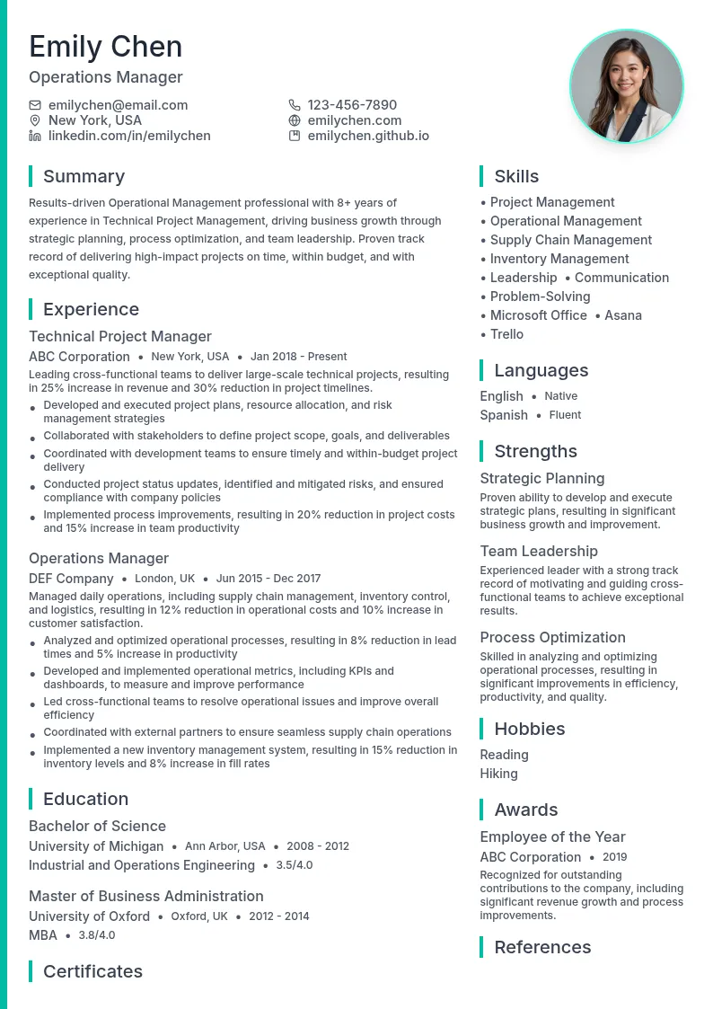 Operational Management resume example