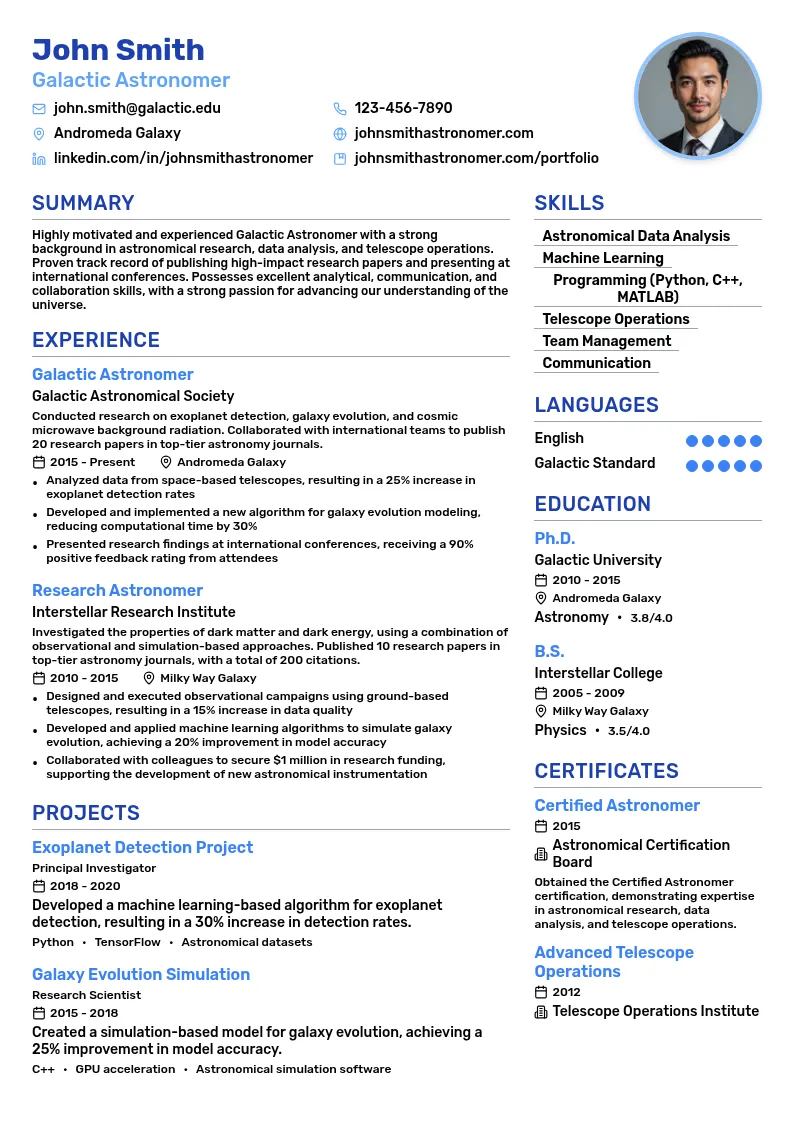 Galactic Astronomer resume example