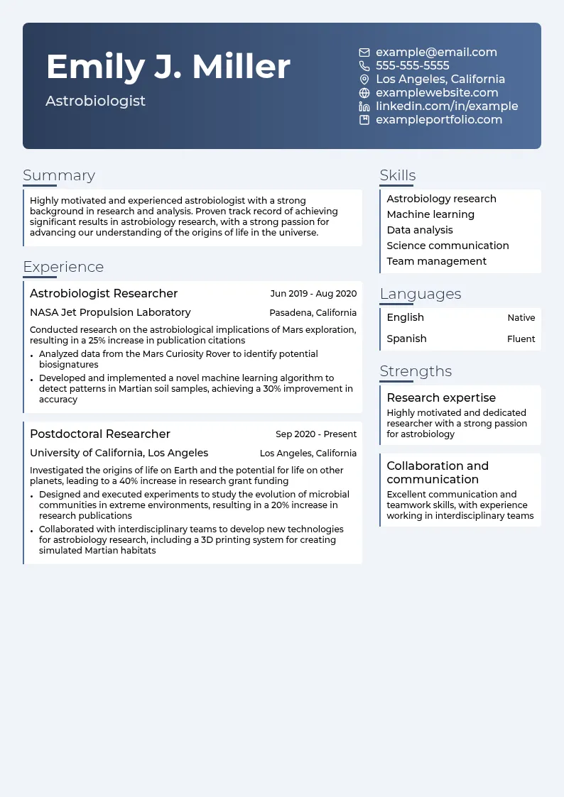 Astrobiologist resume example