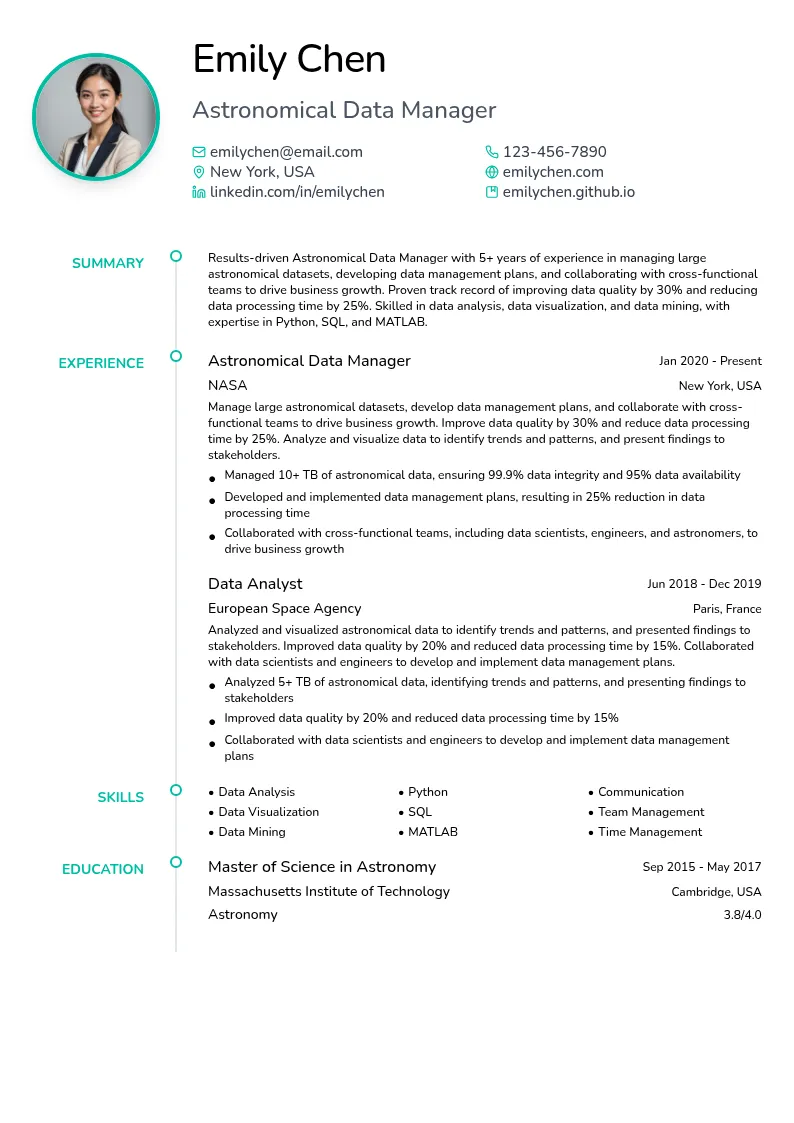Astronomical Data Manager resume example