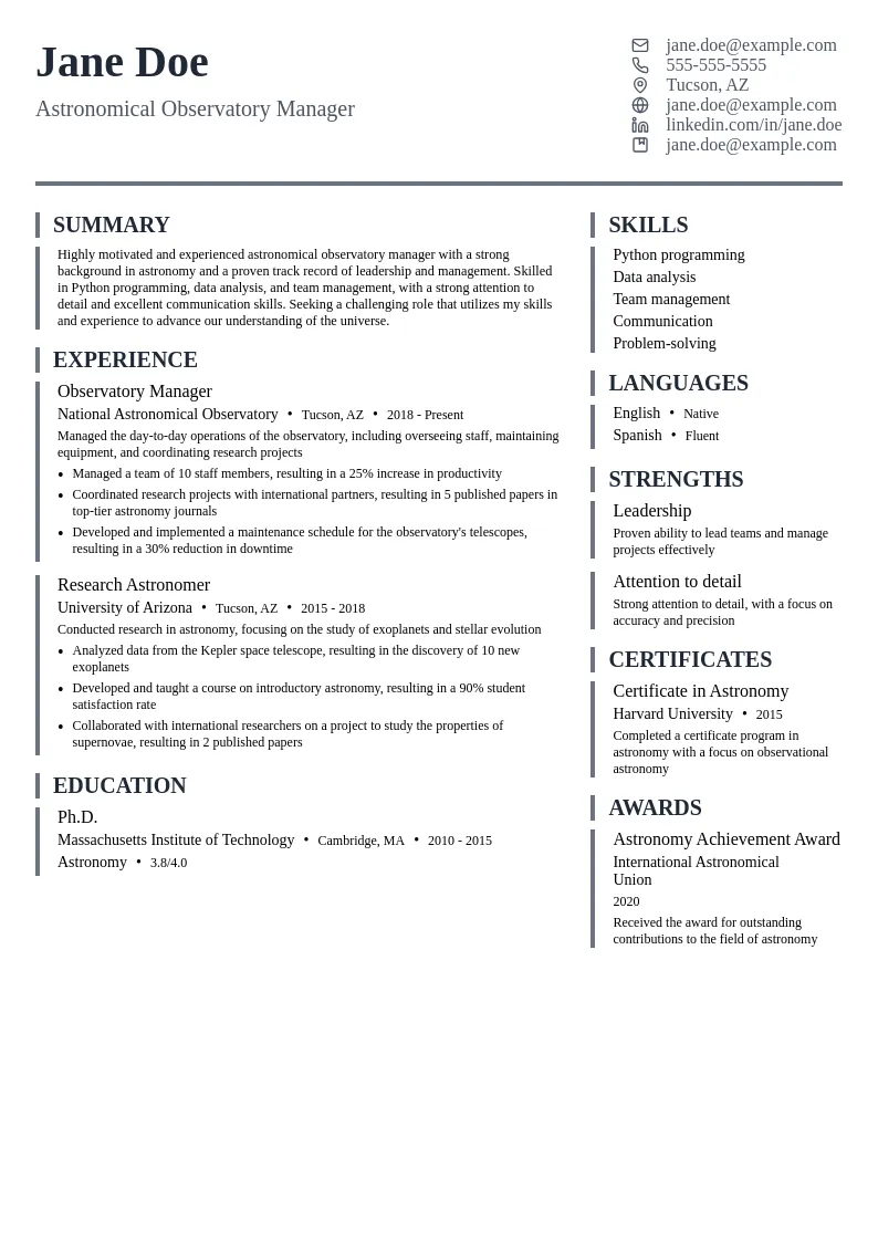 Astronomical Observatory Manager resume example