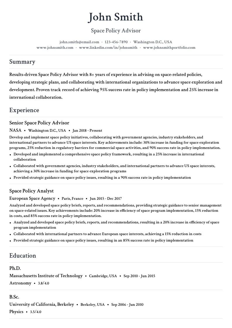 Space Policy Advisor resume example
