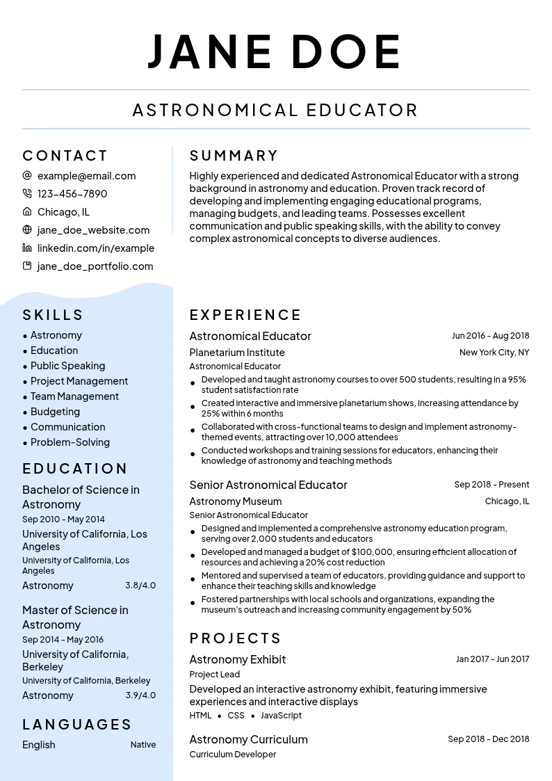 Astronomical Educator resume example