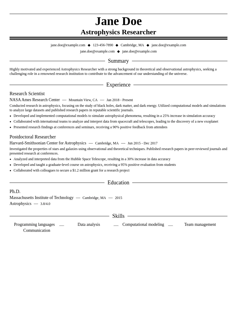 Astrophysics Researcher resume example