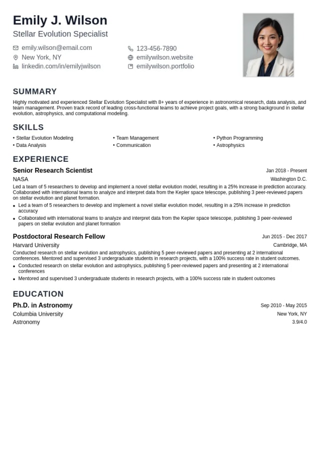 Stellar Evolution Specialist resume example