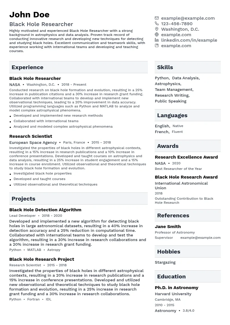Black Hole Researcher resume example