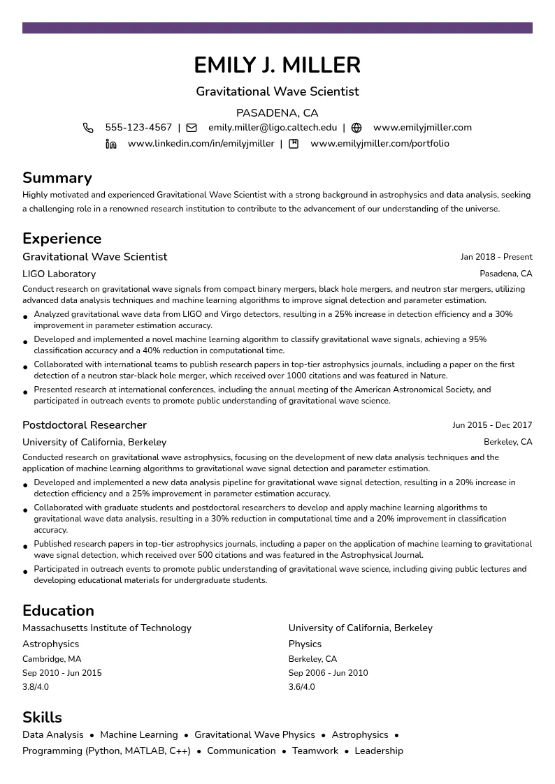Gravitational Wave Scientist resume example