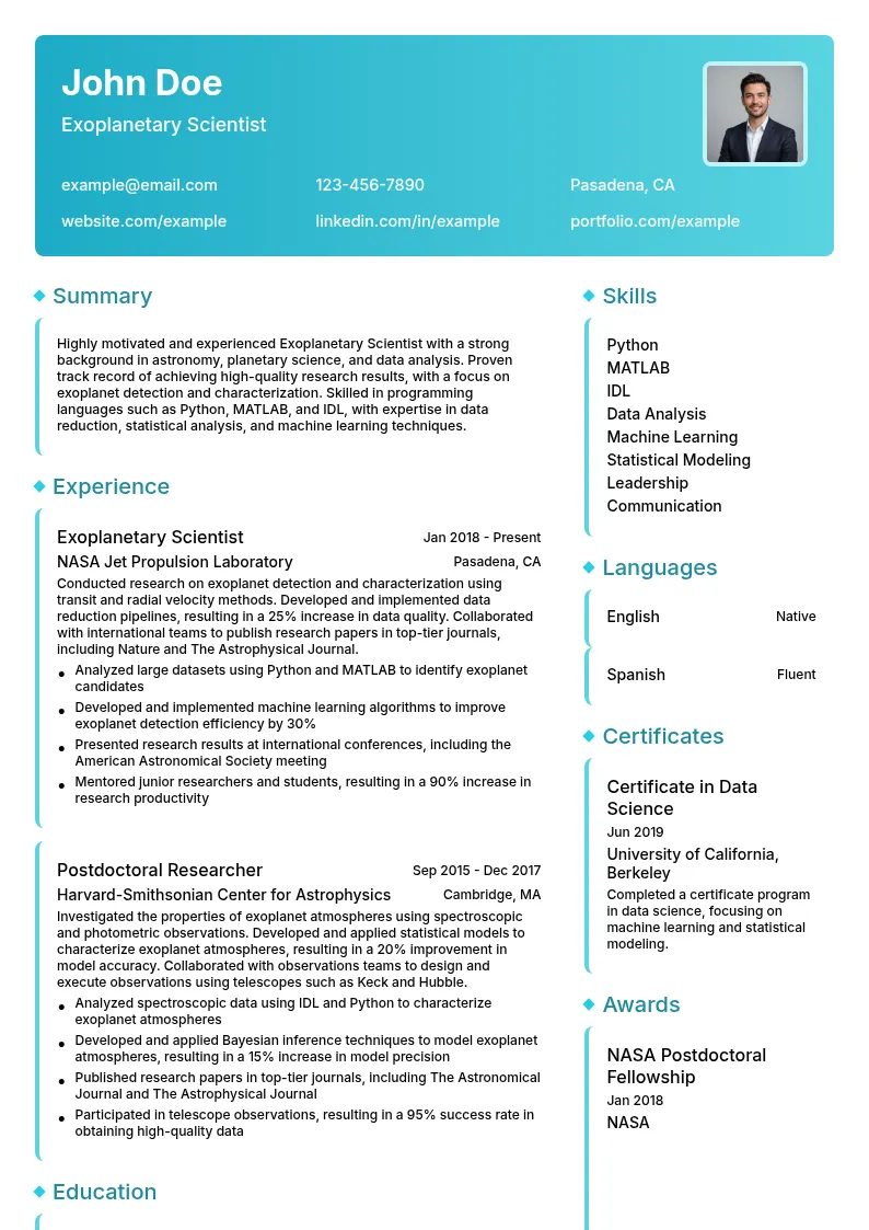 Exoplanetary Scientist resume example