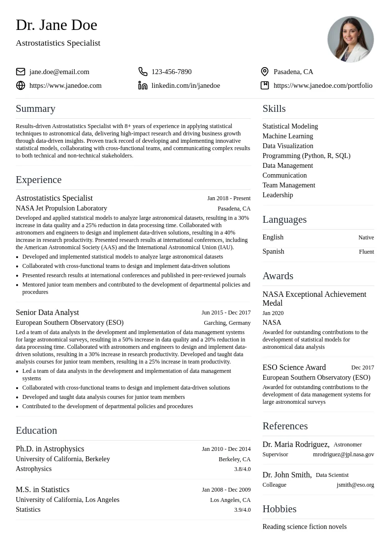 Astrostatistics Specialist resume example