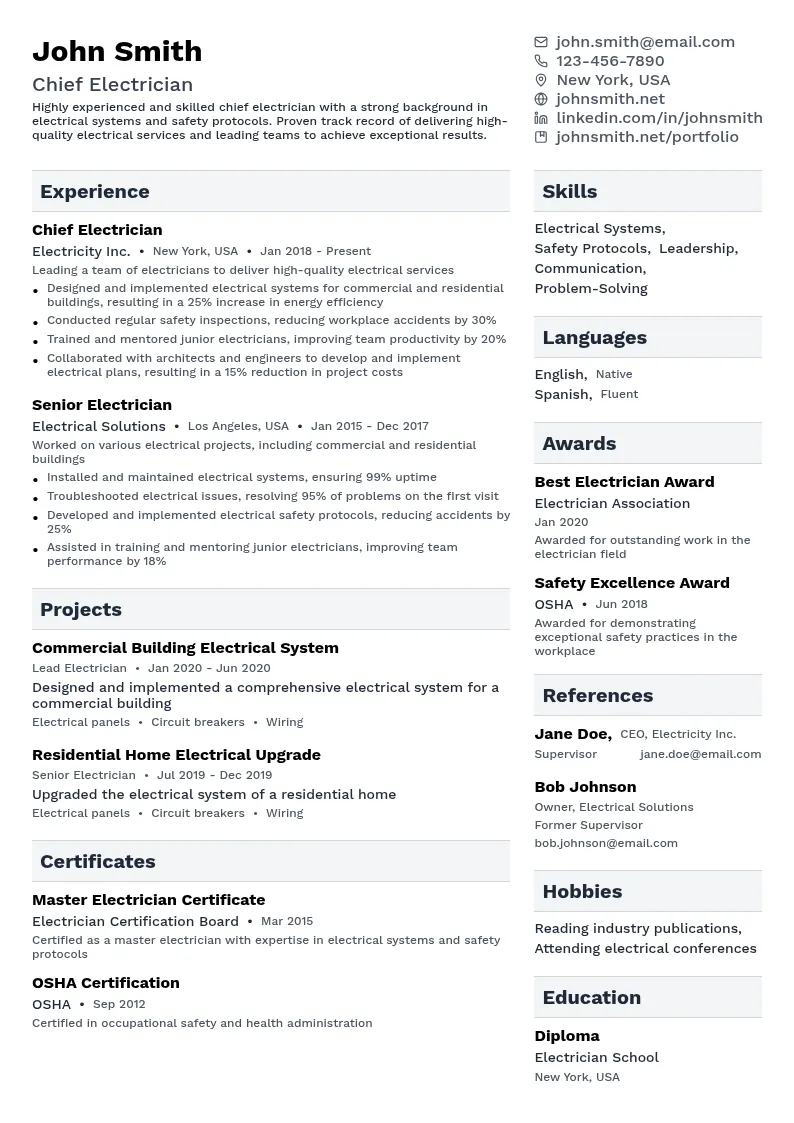 Chief Electrician resume example