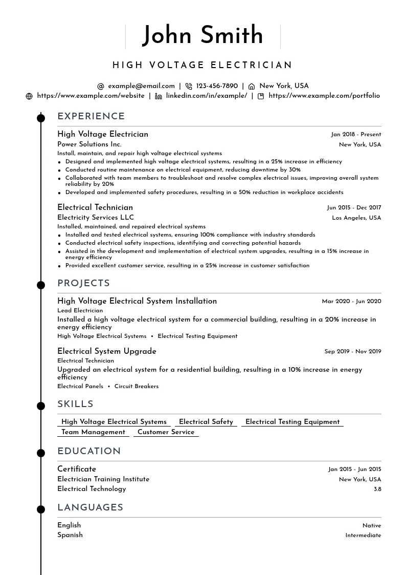 High Voltage Electrician resume example