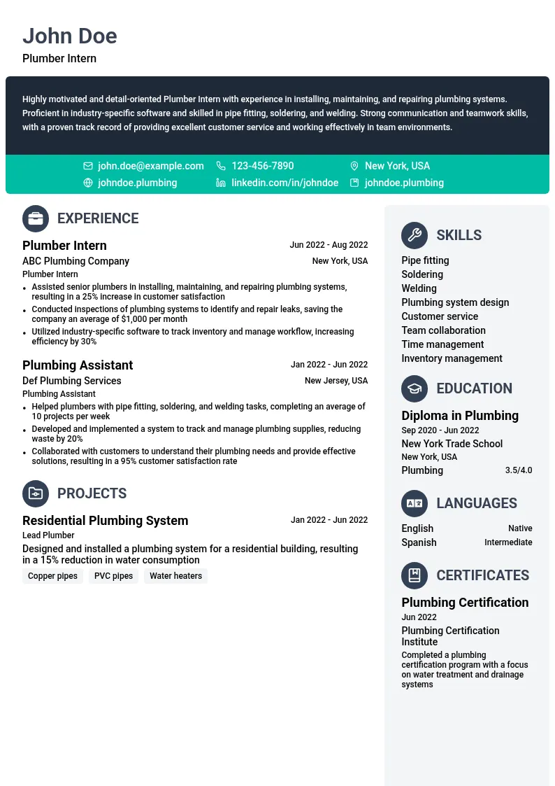 Plumber Intern resume example