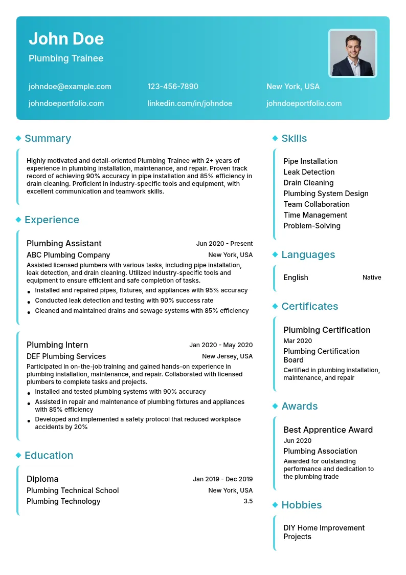 Plumbing Trainee resume example