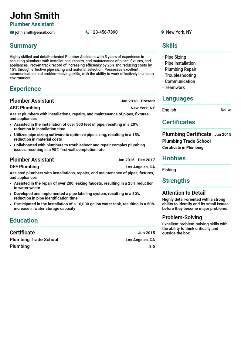 Plumber Assistant resume example