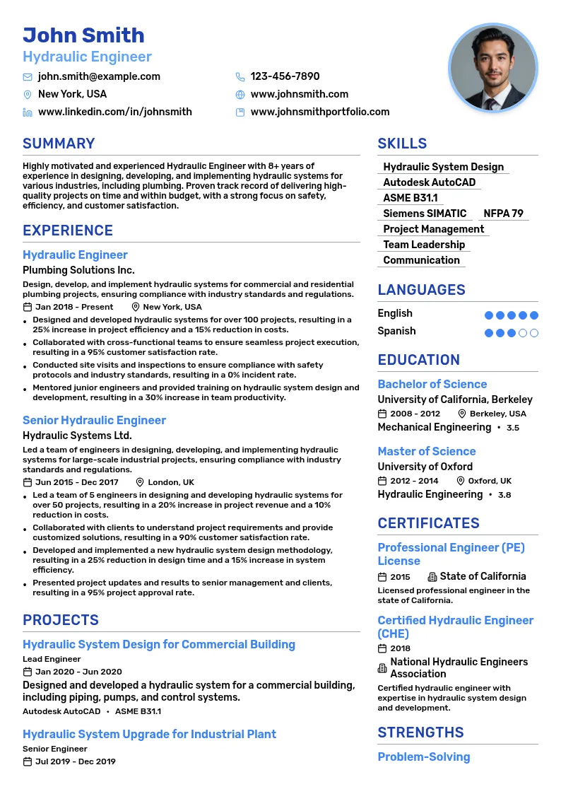 Hydraulic Engineer resume example
