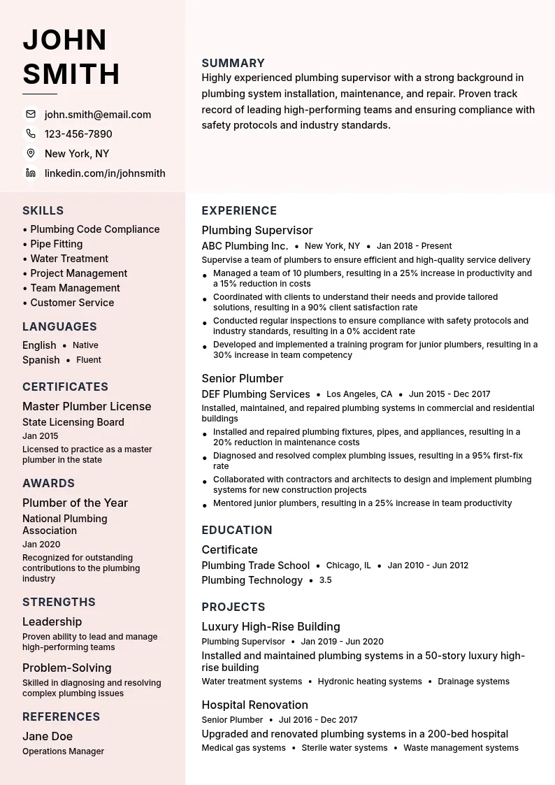 Plumbing Supervisor resume example