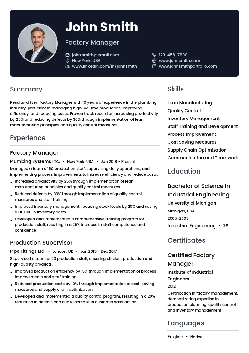 Factory Manager resume example