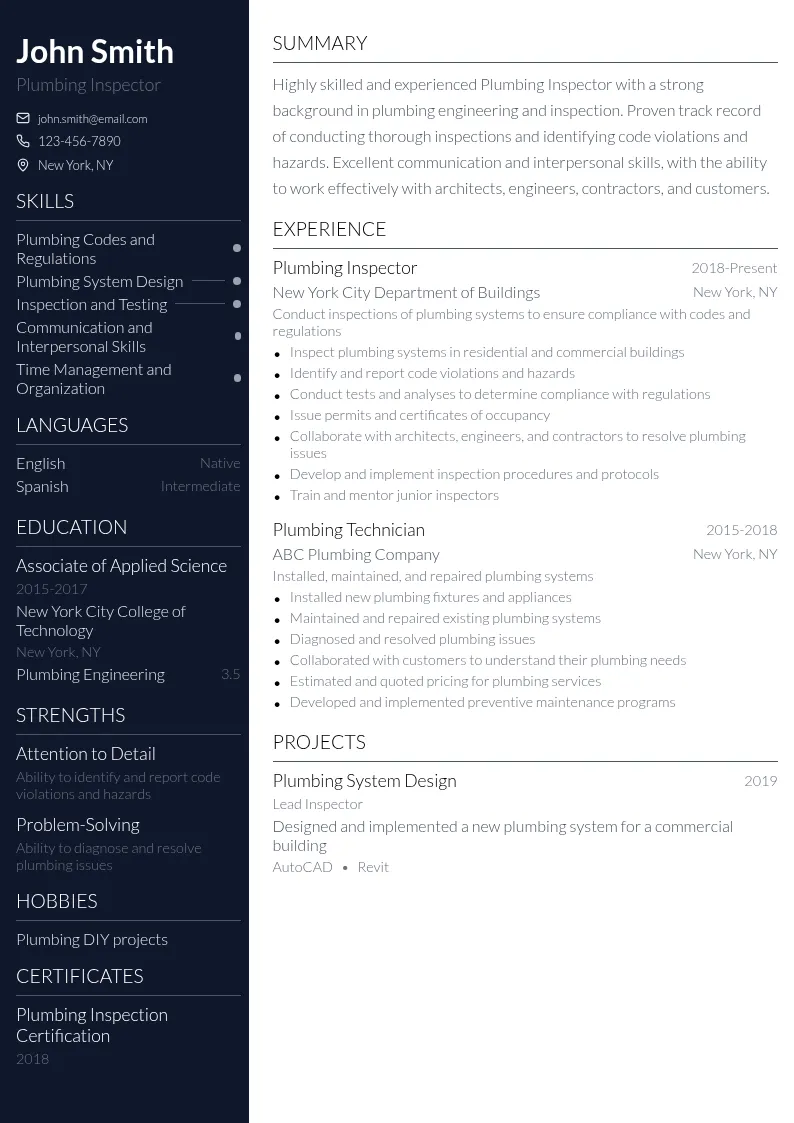 Plumbing Inspector resume example