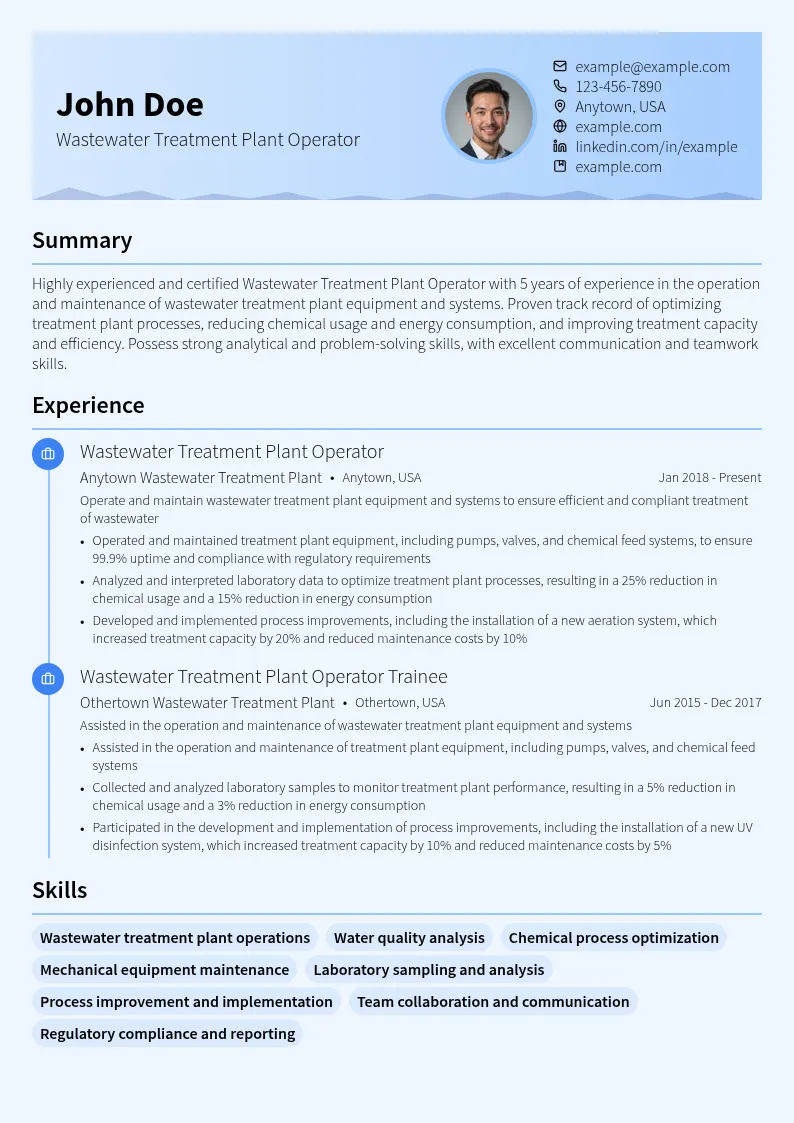 Wastewater Treatment Plant Operator resume example