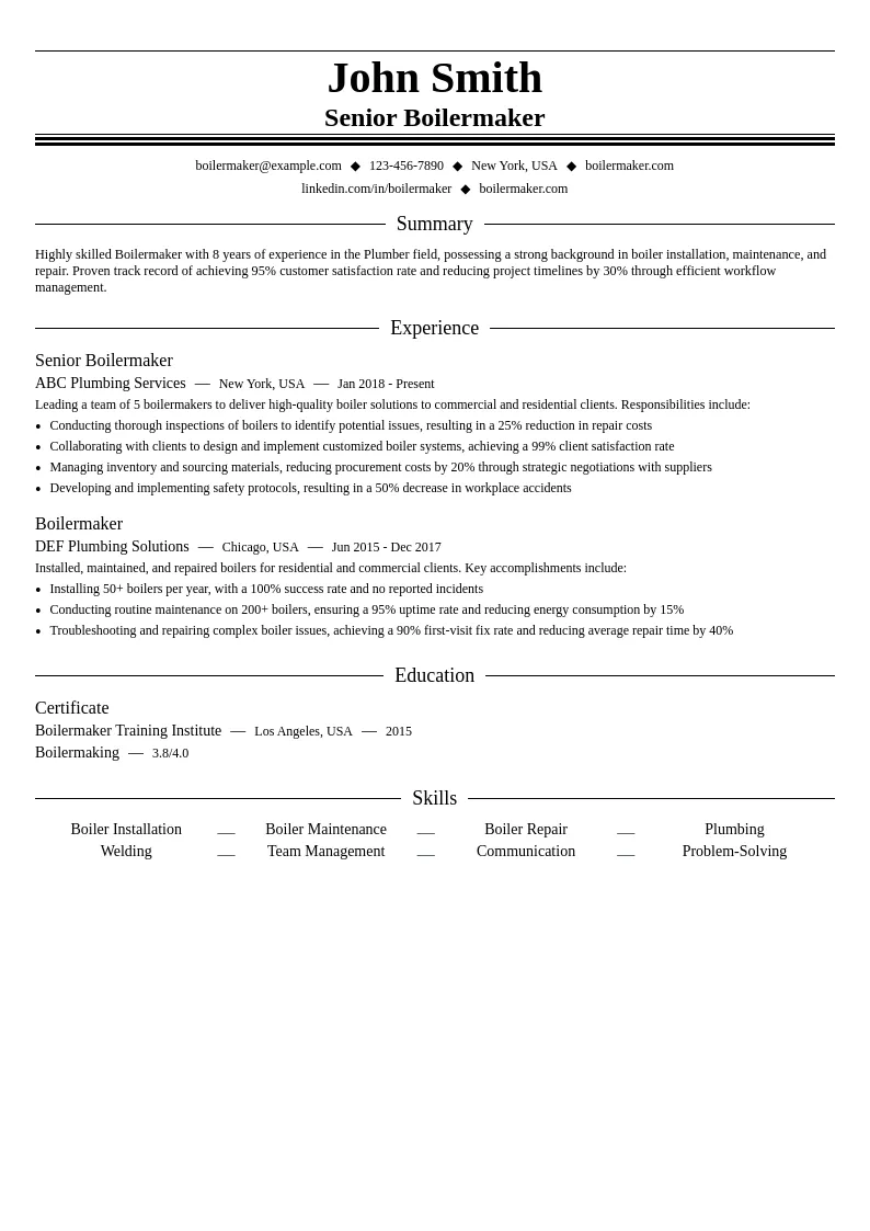 Boilermaker resume example