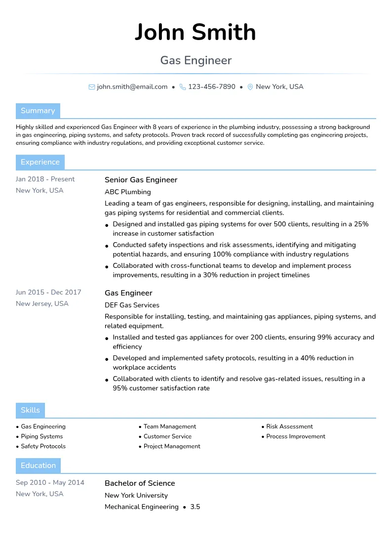 Gas Engineer resume example