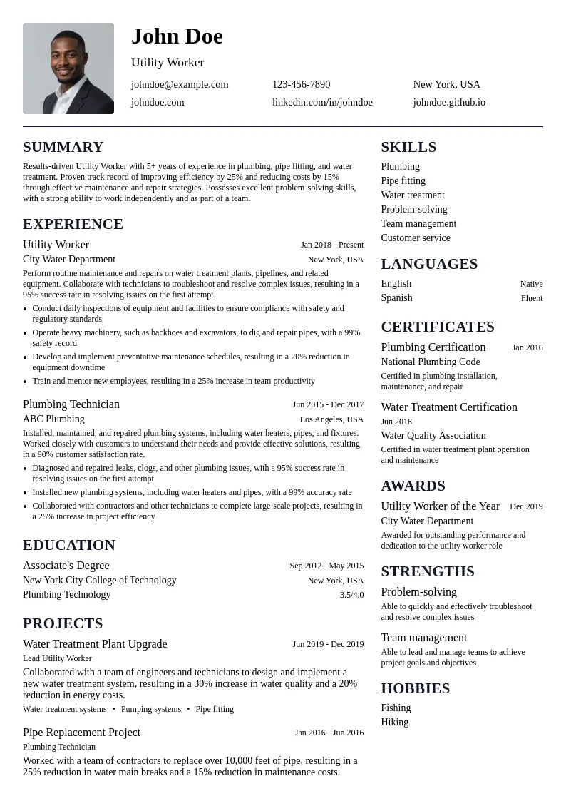 Utility Worker resume example