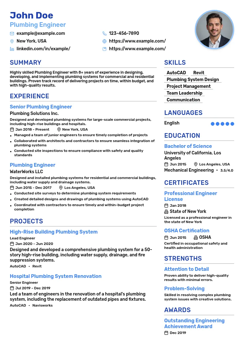 Plumbing Engineer resume example