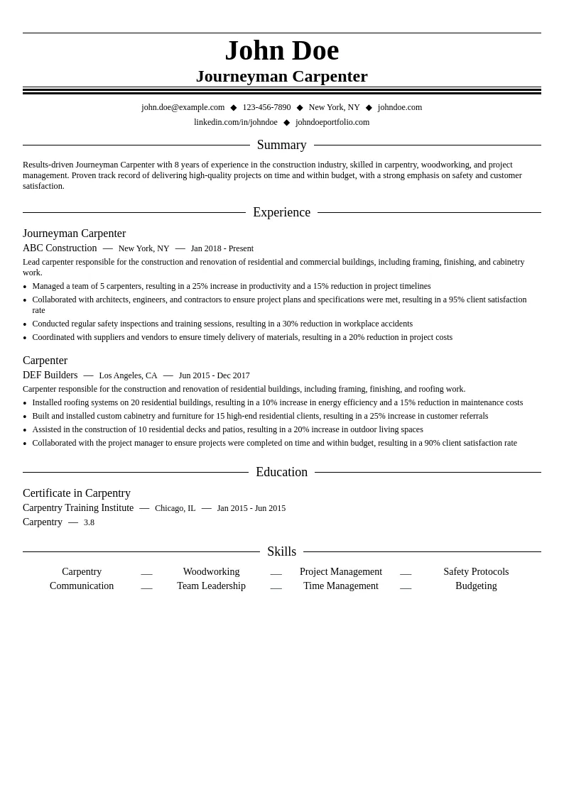 Journeyman Carpenter resume example