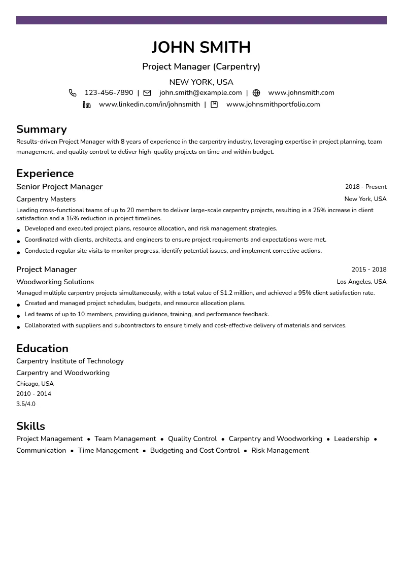 Project Manager (Carpentry) resume example