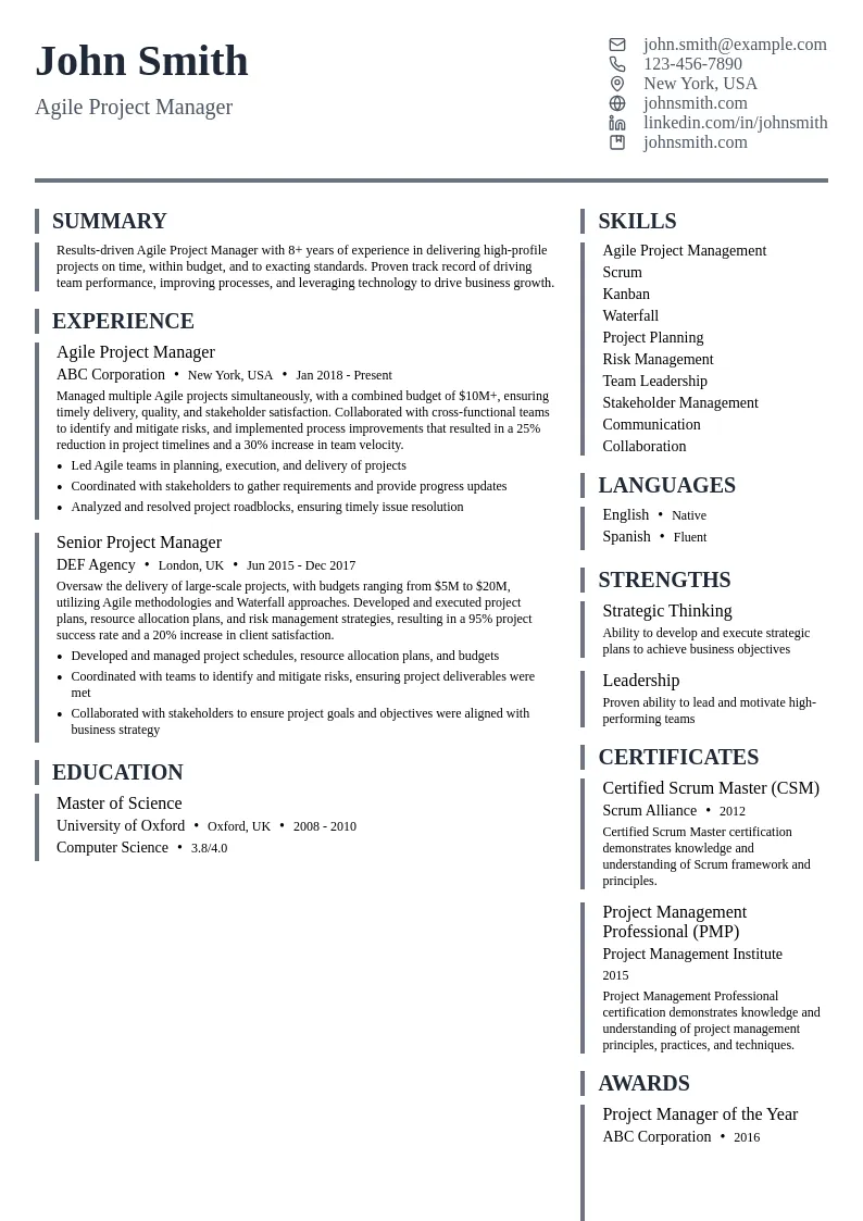 Agile Project Management resume example