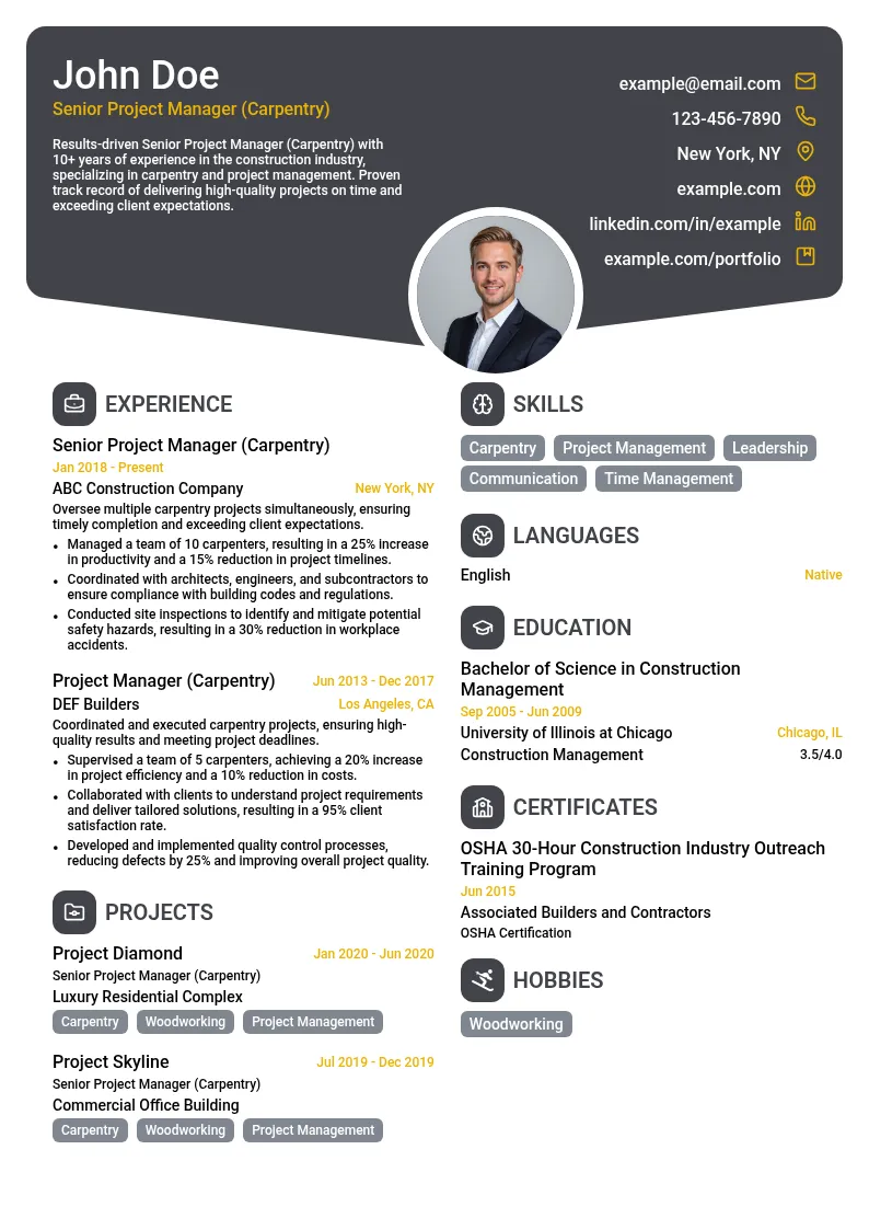 Senior Project Manager (Carpentry) resume example