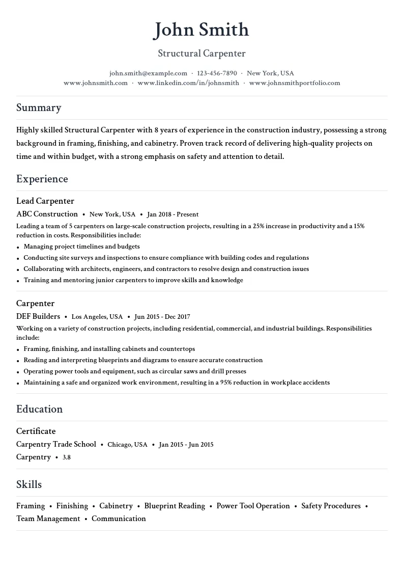 Structural Carpenter resume example
