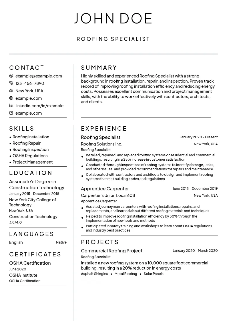 Roofing Specialist resume example