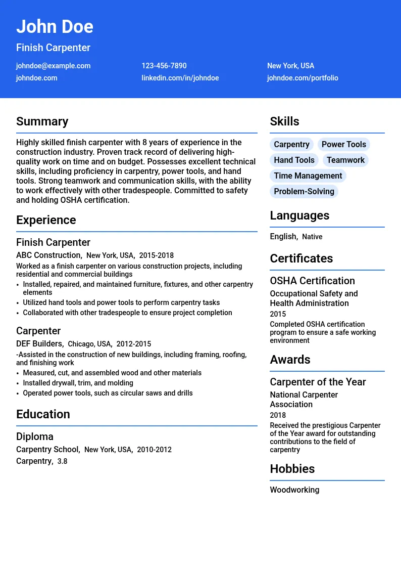 Finish Carpenter resume example