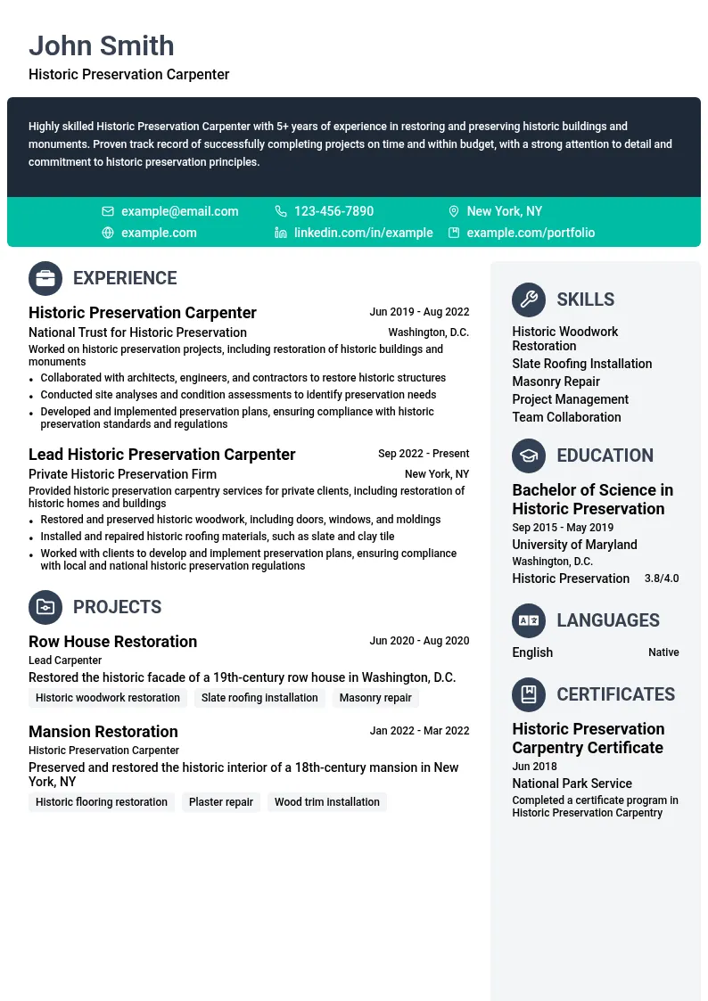 Historic Preservation Carpenter resume example