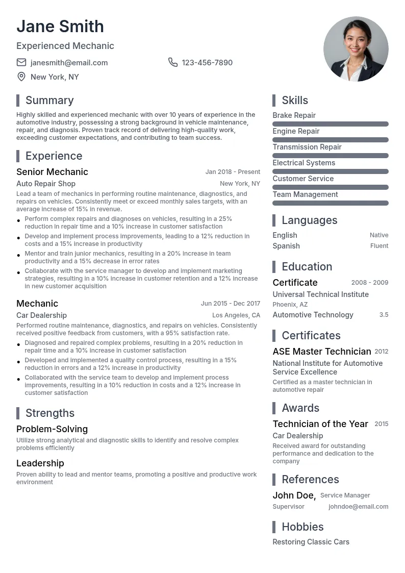 Experienced Mechanic resume example