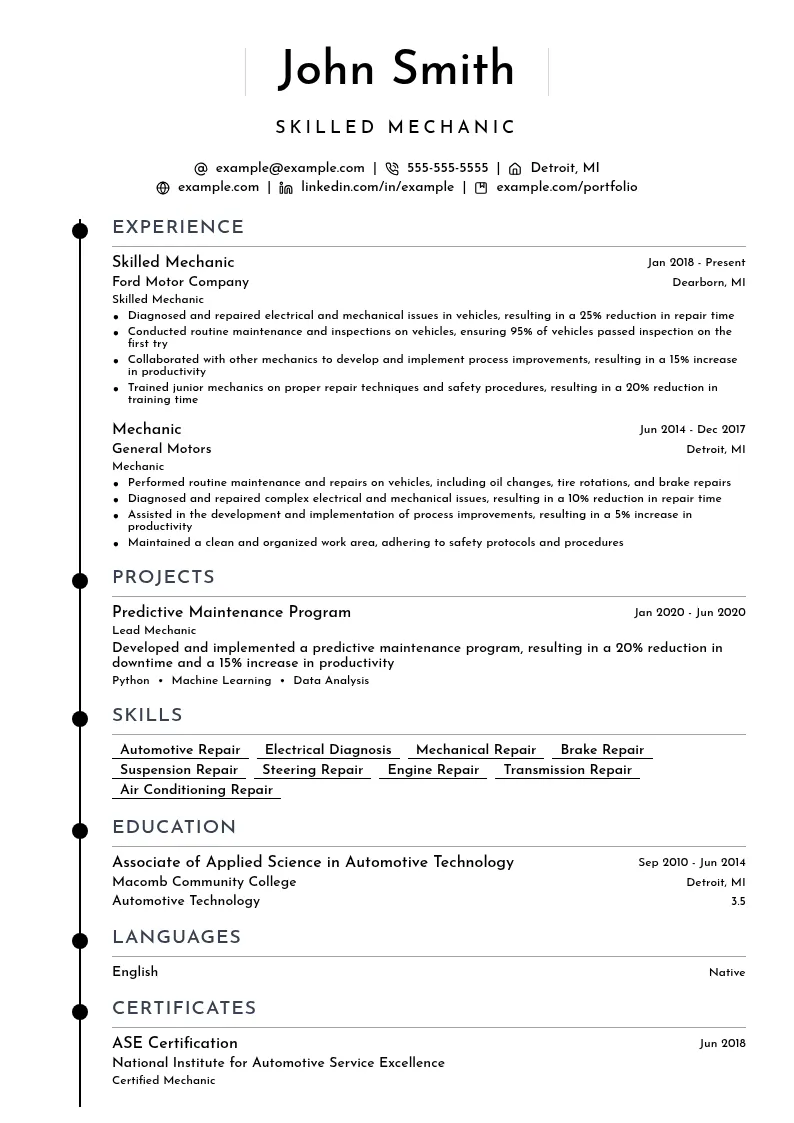 Skilled Mechanic resume example