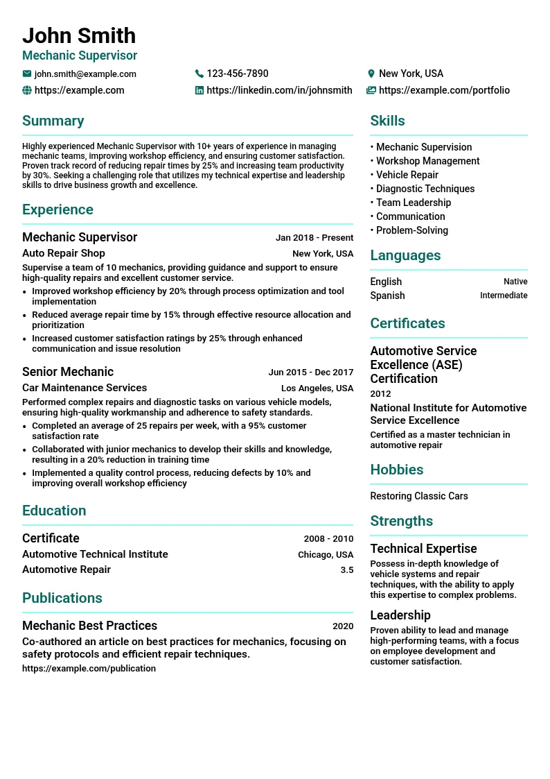 Mechanic Supervisor resume example