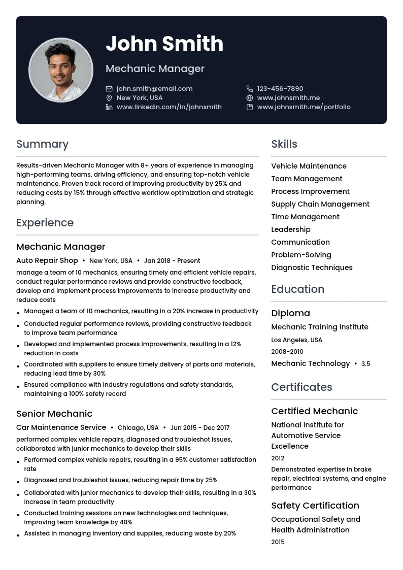 Mechanic Manager resume example