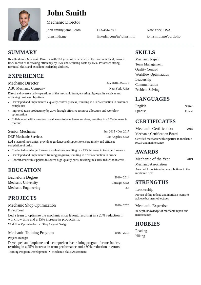 Mechanic Director resume example
