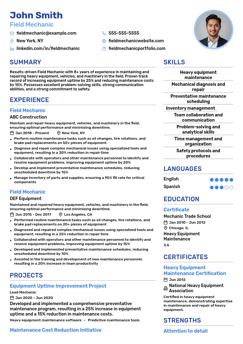 Field Mechanic resume example